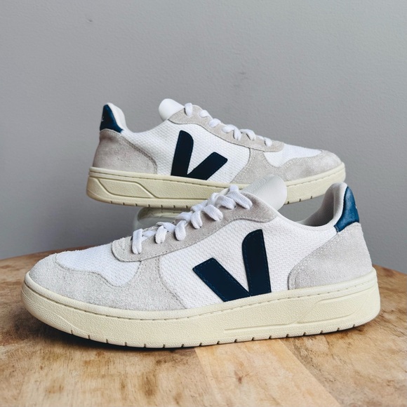 Veja Shoes - Veja White Nautico V-10 B-Mesh Sneakers Size Women 9 Navy Accents Shoes